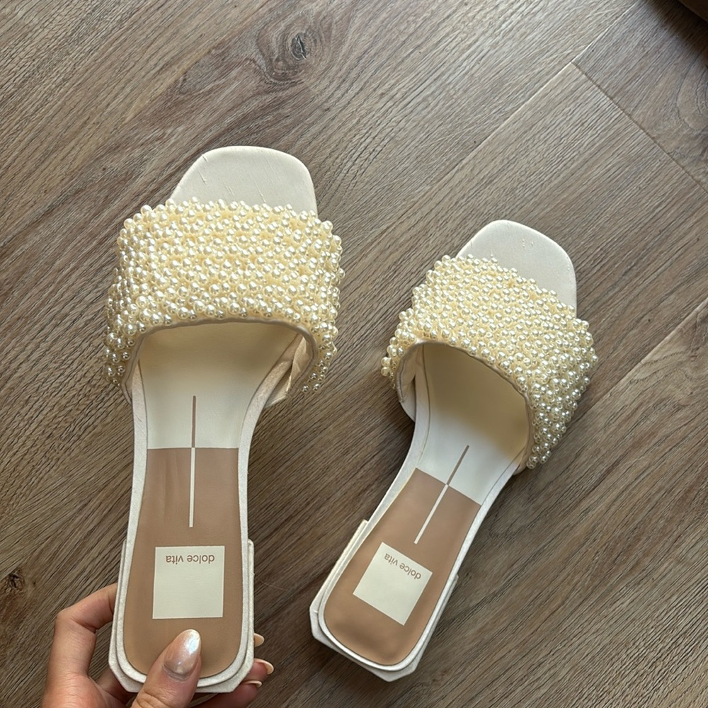 Dolce Vita Pearl-Beaded Cream Slide Sandals - Picture 2 of 7